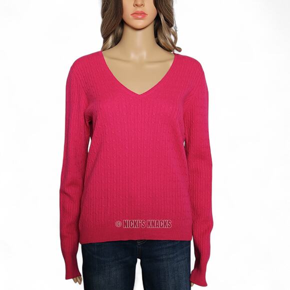 J Crew Cashmere Blend Cable Knit Sweater Pink V Neck Wool Soft Preppy Size M - Picture 2 of 9